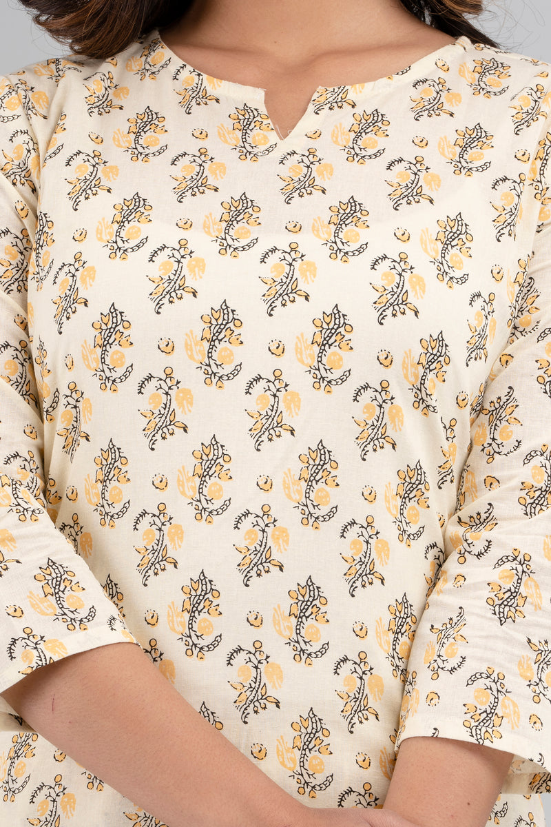 White Printed Cotton Night Suit with V-Neck Kurti & Ankle-Length Pants