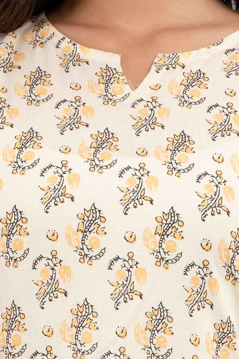White Printed Cotton Night Suit with V-Neck Kurti & Ankle-Length Pants