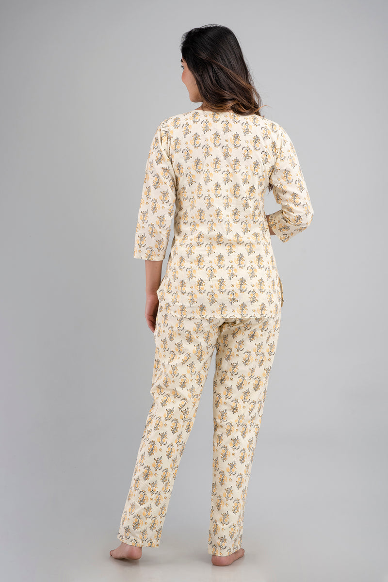 White Printed Cotton Night Suit with V-Neck Kurti & Ankle-Length Pants