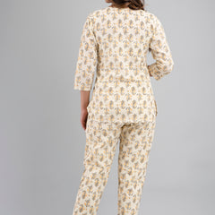 White Printed Cotton Night Suit with V-Neck Kurti & Ankle-Length Pants
