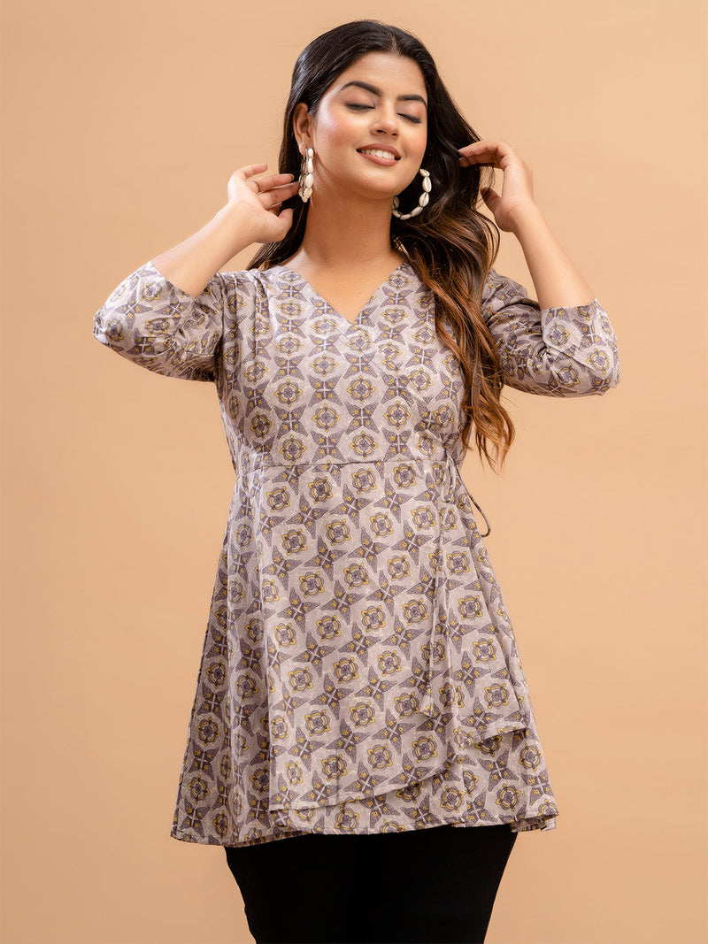 Floral Printed V-Neck Pure Cotton Angrakha A-Line Kurti