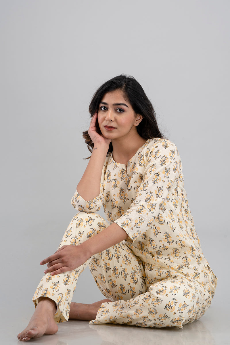 White Printed Cotton Night Suit with V-Neck Kurti & Ankle-Length Pants