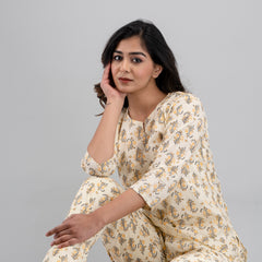 White Printed Cotton Night Suit with V-Neck Kurti & Ankle-Length Pants