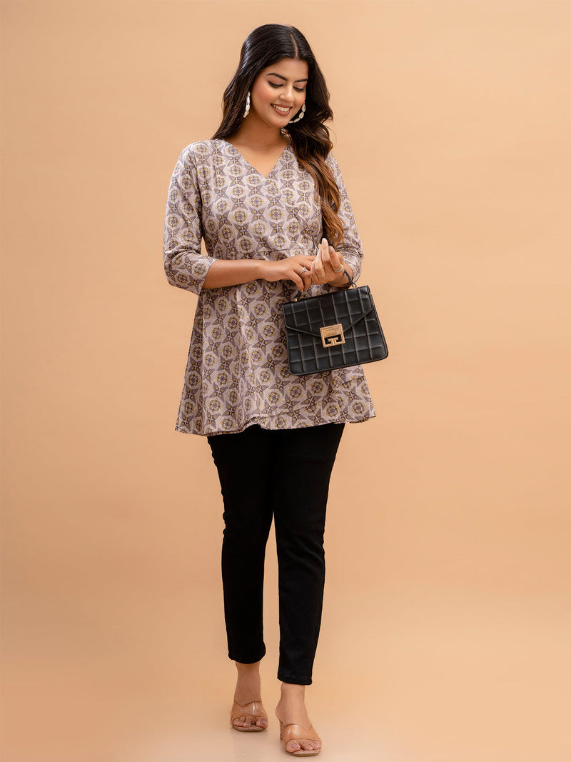 Floral Printed V-Neck Pure Cotton Angrakha A-Line Kurti
