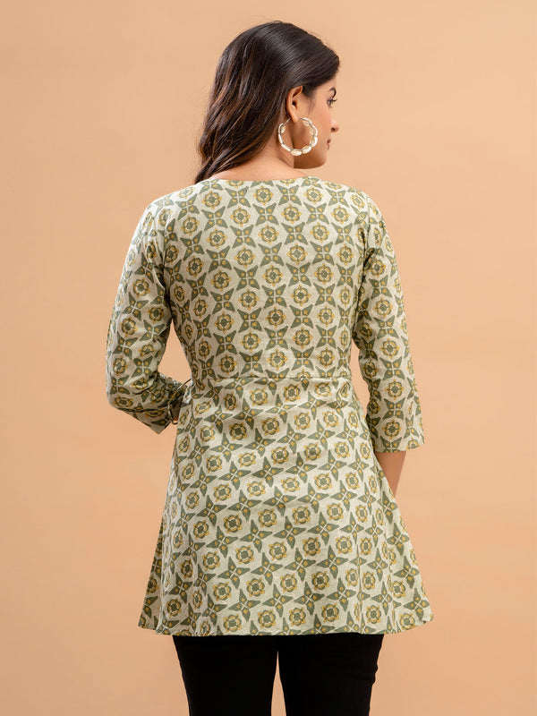 Floral Printed V-Neck Pure Cotton Angrakha A-Line Kurti