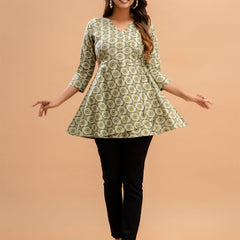 Floral Printed V-Neck Pure Cotton Angrakha A-Line Kurti