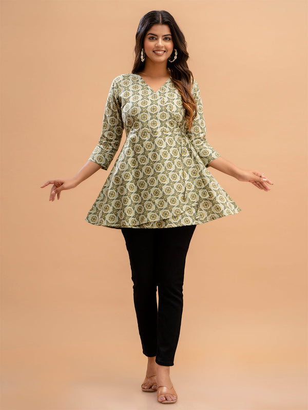 Floral Printed V-Neck Pure Cotton Angrakha A-Line Kurti