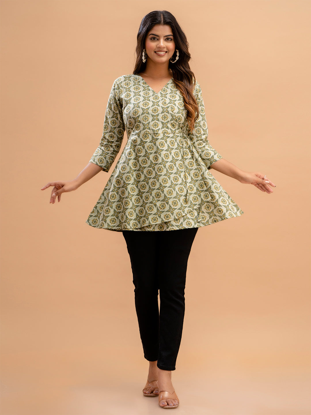 Floral Printed V-Neck Pure Cotton Angrakha A-Line Kurti FRKT6190