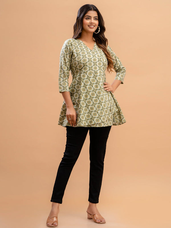 Floral Printed V-Neck Pure Cotton Angrakha A-Line Kurti