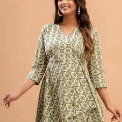 Floral Printed V-Neck Pure Cotton Angrakha A-Line Kurti