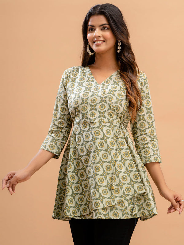 Floral Printed V-Neck Pure Cotton Angrakha A-Line Kurti