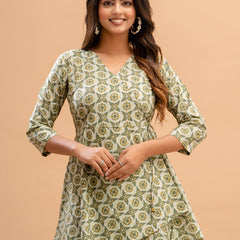 Floral Printed V-Neck Pure Cotton Angrakha A-Line Kurti