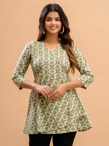 Floral Printed V-Neck Pure Cotton Angrakha A-Line Kurti FRKT6190