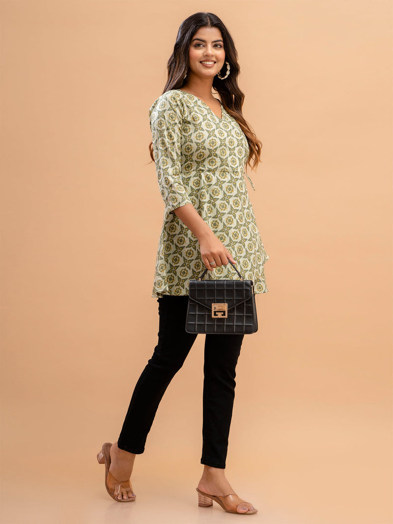 Floral Printed V-Neck Pure Cotton Angrakha A-Line Kurti