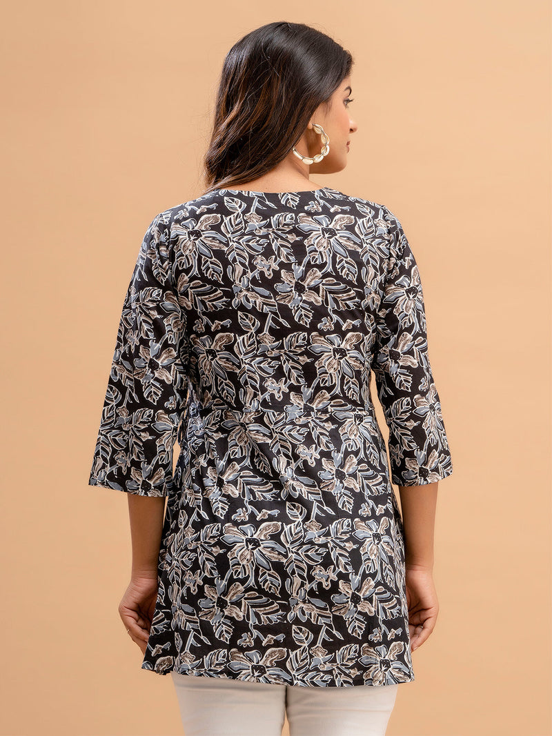 Floral Printed V-Neck Pure Cotton Angrakha A-Line Kurti