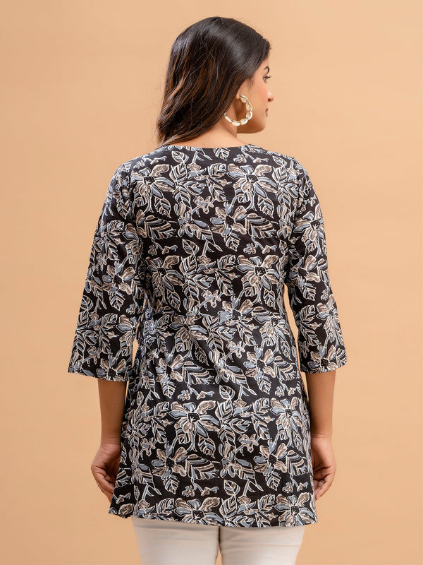 Floral Printed V-Neck Pure Cotton Angrakha A-Line Kurti