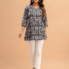 Floral Printed V-Neck Pure Cotton Angrakha A-Line Kurti