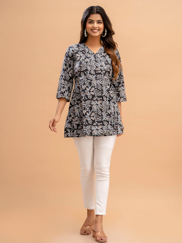 Floral Printed V-Neck Pure Cotton Angrakha A-Line Kurti