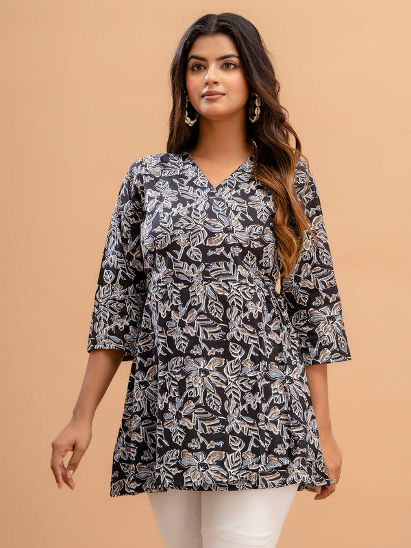 Floral Printed V-Neck Pure Cotton Angrakha A-Line Kurti