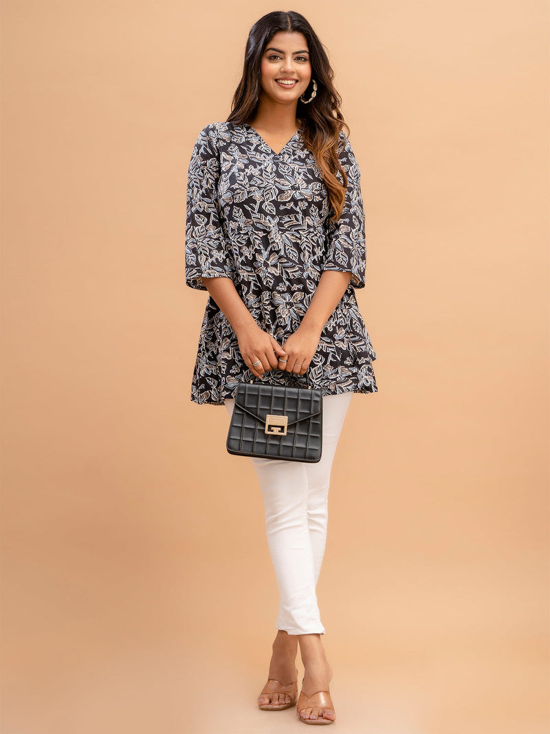 Floral Printed V-Neck Pure Cotton Angrakha A-Line Kurti