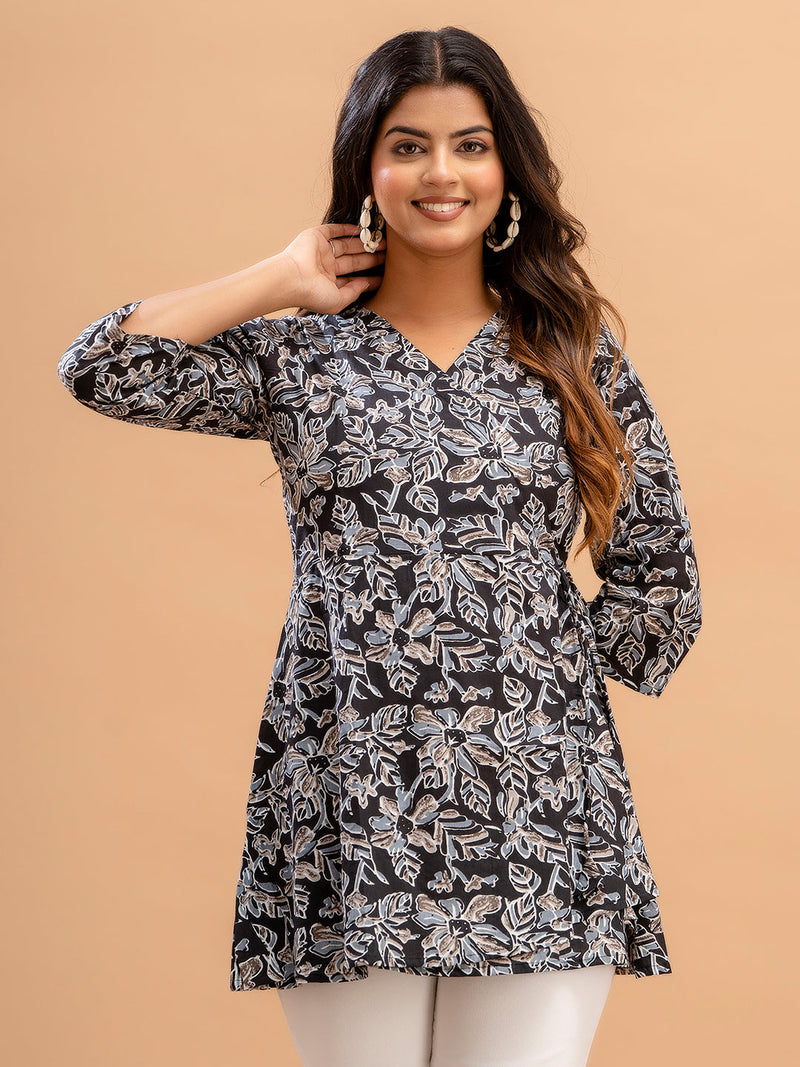 Floral Printed V-Neck Pure Cotton Angrakha A-Line Kurti