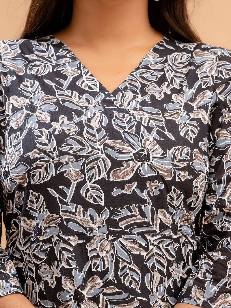 Floral Printed V-Neck Pure Cotton Angrakha A-Line Kurti