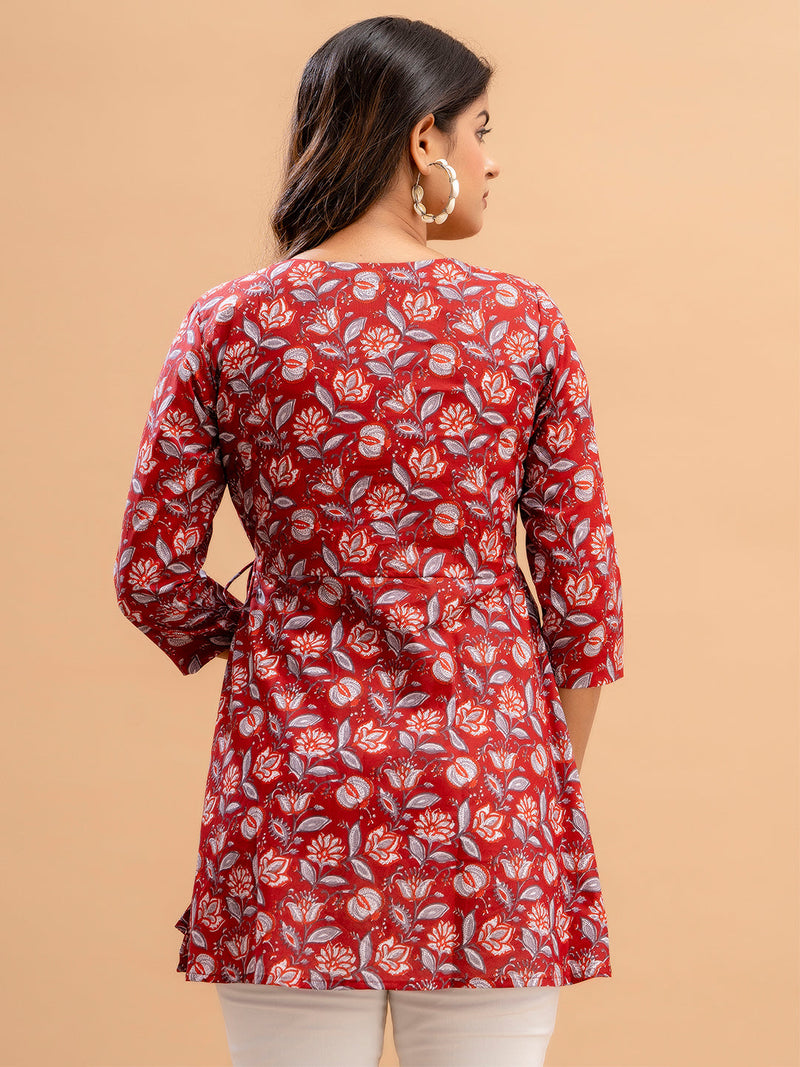 Floral Printed V-Neck Pure Cotton Angrakha A-Line Kurti