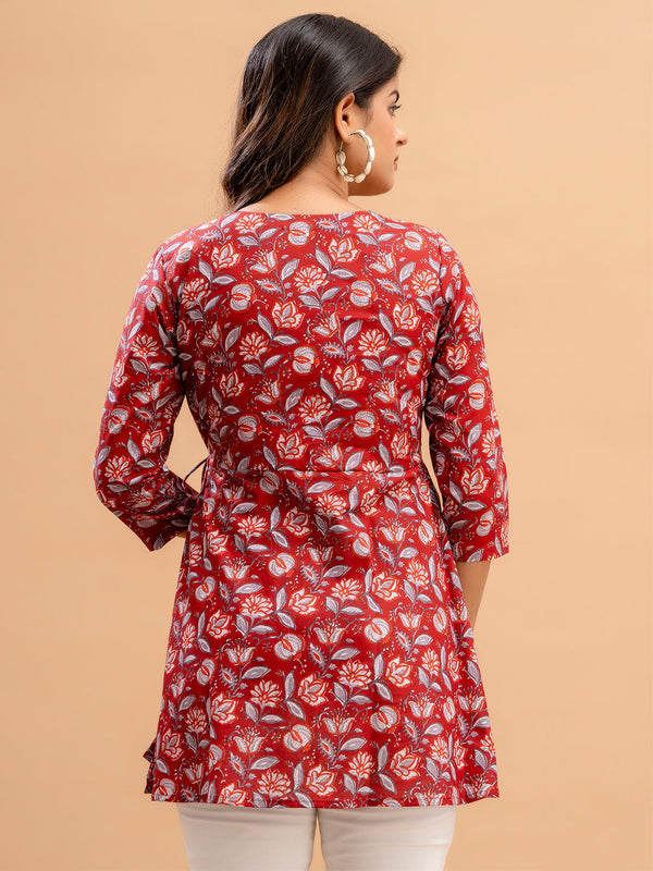 Floral Printed V-Neck Pure Cotton Angrakha A-Line Kurti