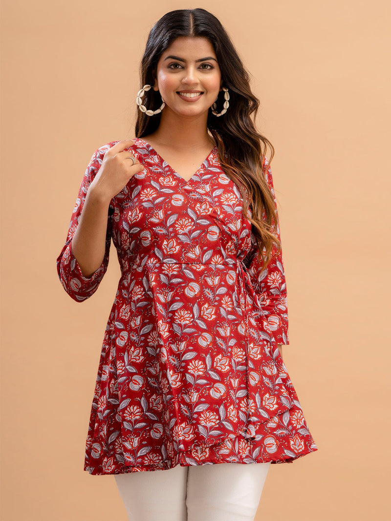 Floral Printed V-Neck Pure Cotton Angrakha A-Line Kurti