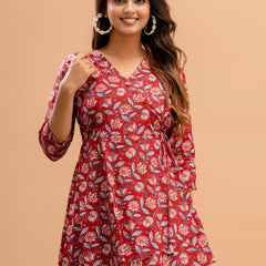 Floral Printed V-Neck Pure Cotton Angrakha A-Line Kurti