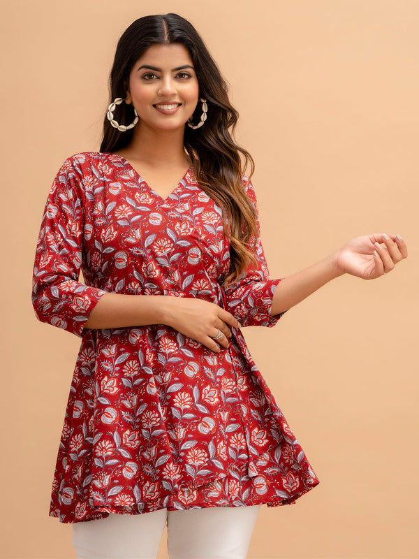 Floral Printed V-Neck Pure Cotton Angrakha A-Line Kurti