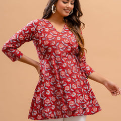 Floral Printed V-Neck Pure Cotton Angrakha A-Line Kurti