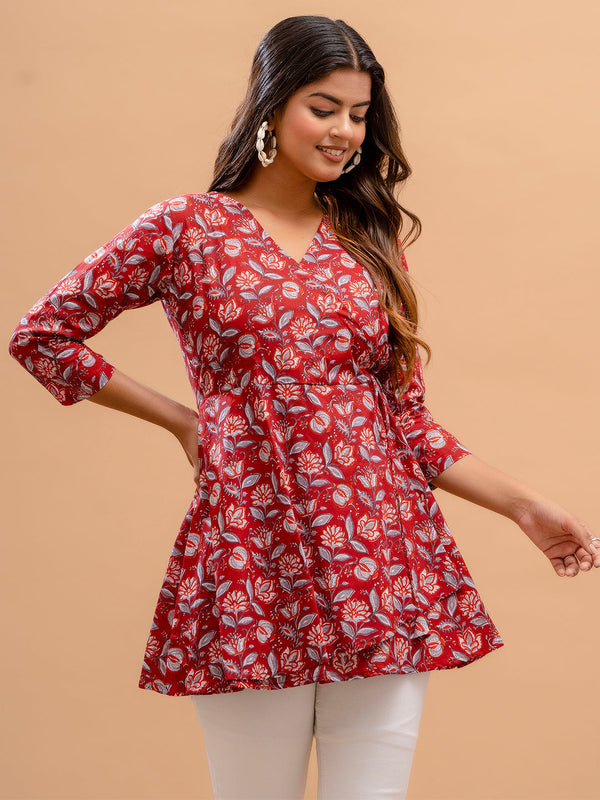 Floral Printed V-Neck Pure Cotton Angrakha A-Line Kurti