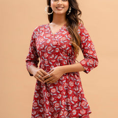 Floral Printed V-Neck Pure Cotton Angrakha A-Line Kurti