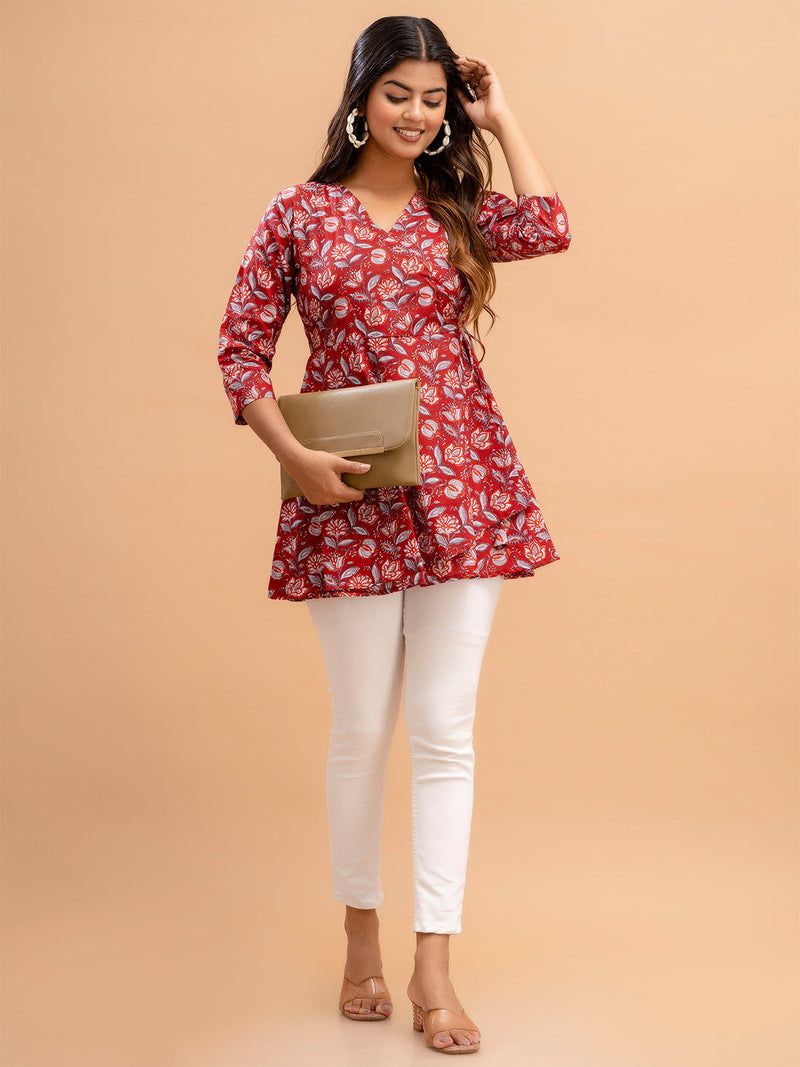 Floral Printed V-Neck Pure Cotton Angrakha A-Line Kurti