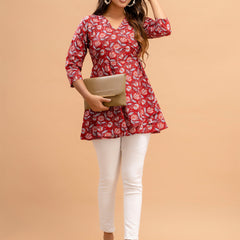 Floral Printed V-Neck Pure Cotton Angrakha A-Line Kurti
