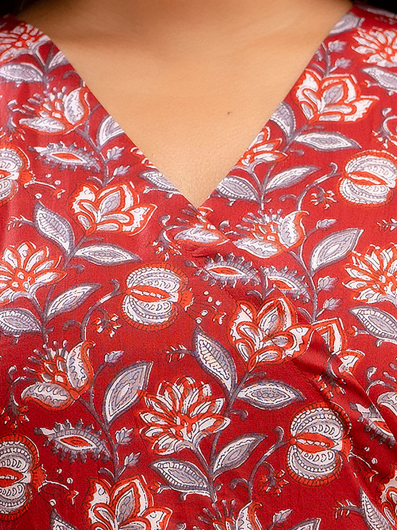 Floral Printed V-Neck Pure Cotton Angrakha A-Line Kurti