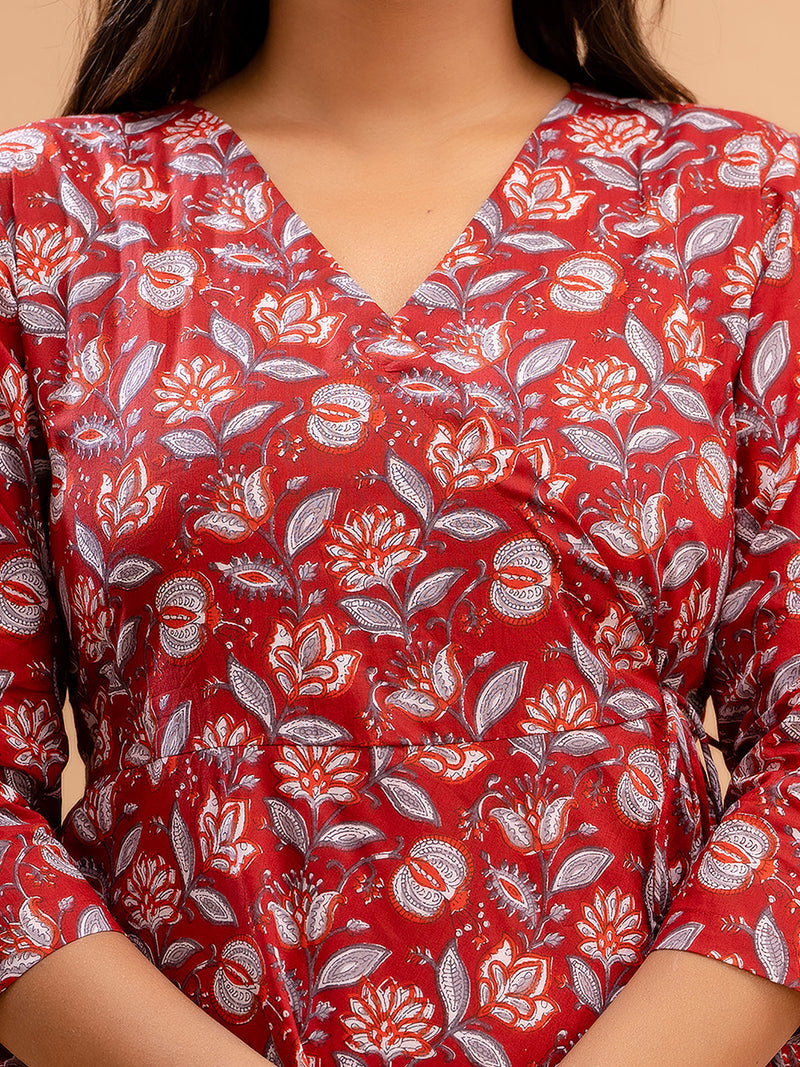 Floral Printed V-Neck Pure Cotton Angrakha A-Line Kurti
