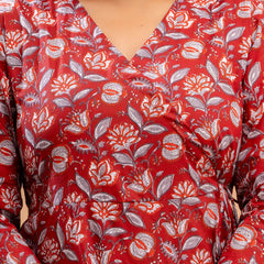 Floral Printed V-Neck Pure Cotton Angrakha A-Line Kurti