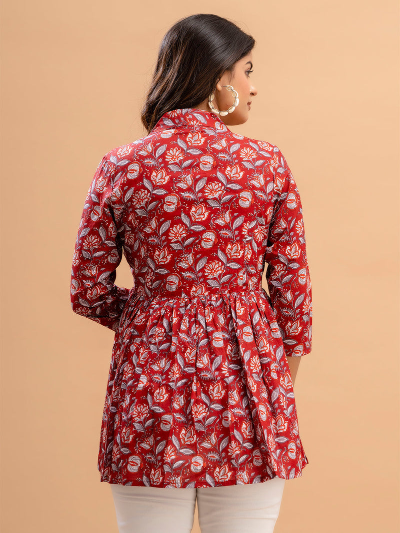 Floral Printed Shirt Collar Pure Cotton Pleated Kurti