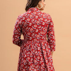 Floral Printed Shirt Collar Pure Cotton Pleated Kurti