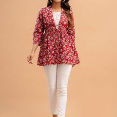 Floral Printed Shirt Collar Pure Cotton Pleated Kurti