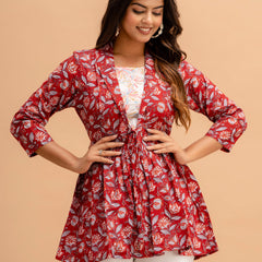 Floral Printed Shirt Collar Pure Cotton Pleated Kurti