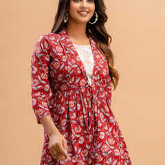 Floral Printed Shirt Collar Pure Cotton Pleated Kurti