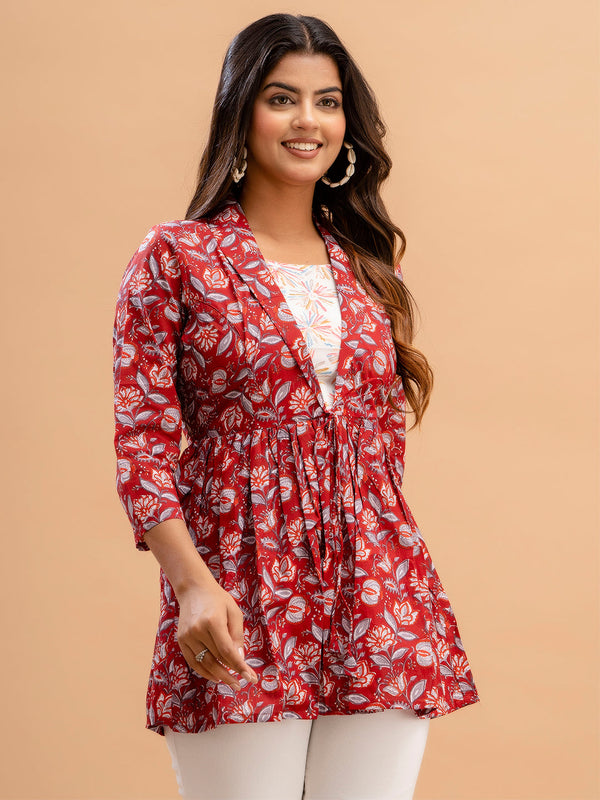 Floral Printed Shirt Collar Pure Cotton Pleated Kurti