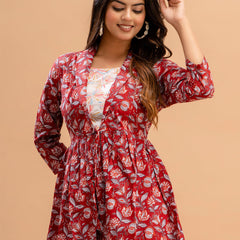 Floral Printed Shirt Collar Pure Cotton Pleated Kurti