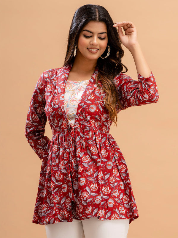 Floral Printed Shirt Collar Pure Cotton Pleated Kurti
