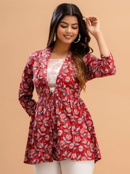 Floral Printed Shirt Collar Pure Cotton Pleated Kurti FRKT6217