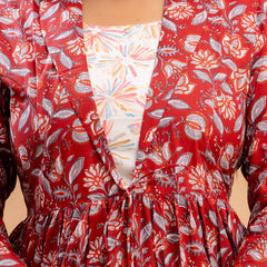 Floral Printed Shirt Collar Pure Cotton Pleated Kurti