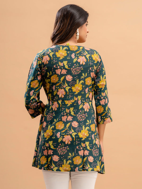 Floral Printed V-Neck Pure Cotton Angrakha A-Line Kurti